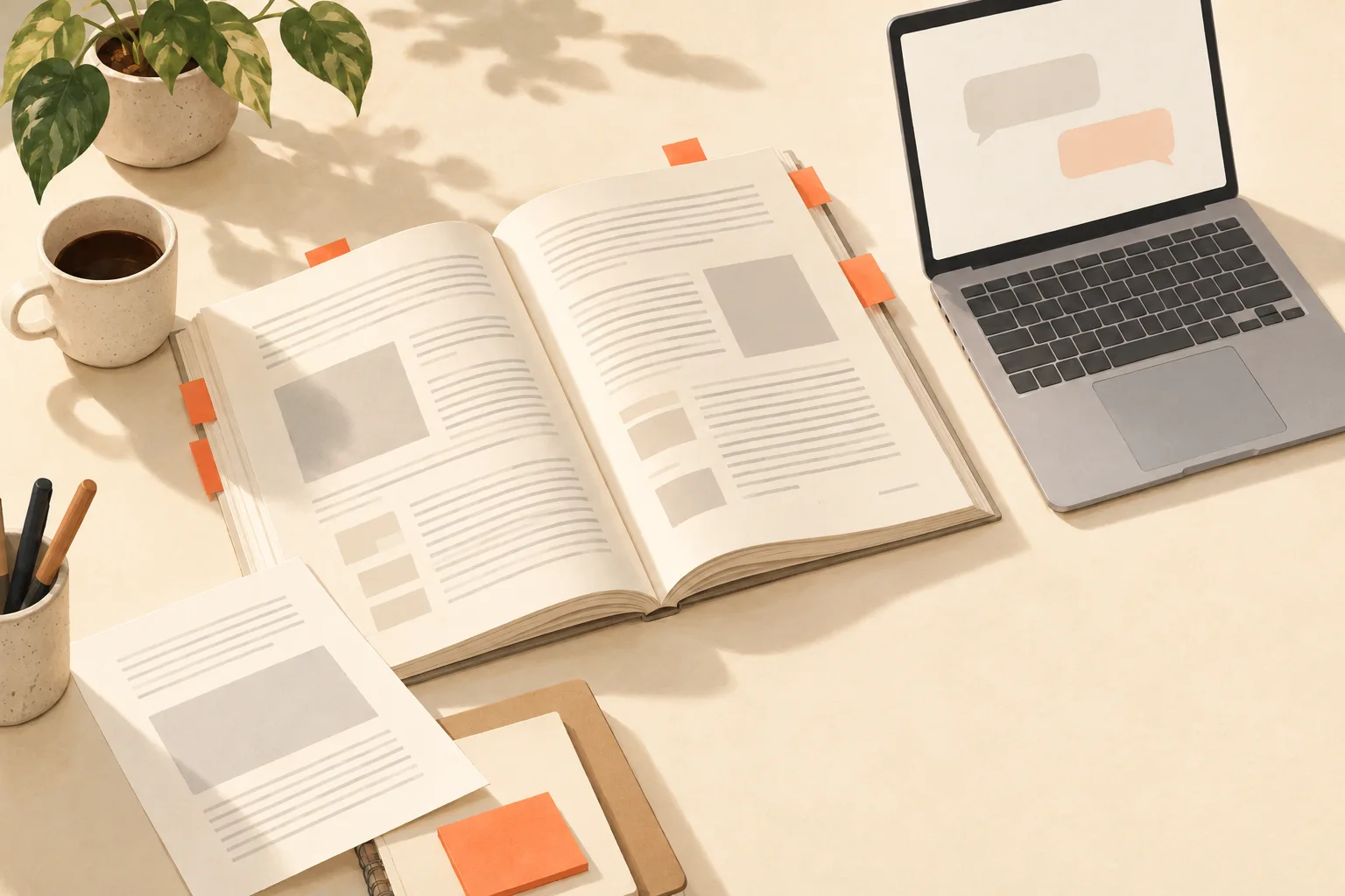 An open report with coral page tabs beside a laptop showing blank conversation shapes on a warm cream desk.