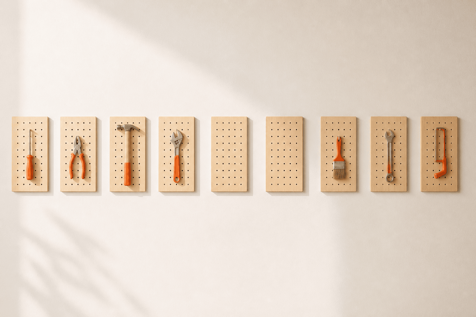 A row of small identical wooden pegboards on a warm off-white wall, most holding a single neatly hung coral-handled tool, three of them completely bare.