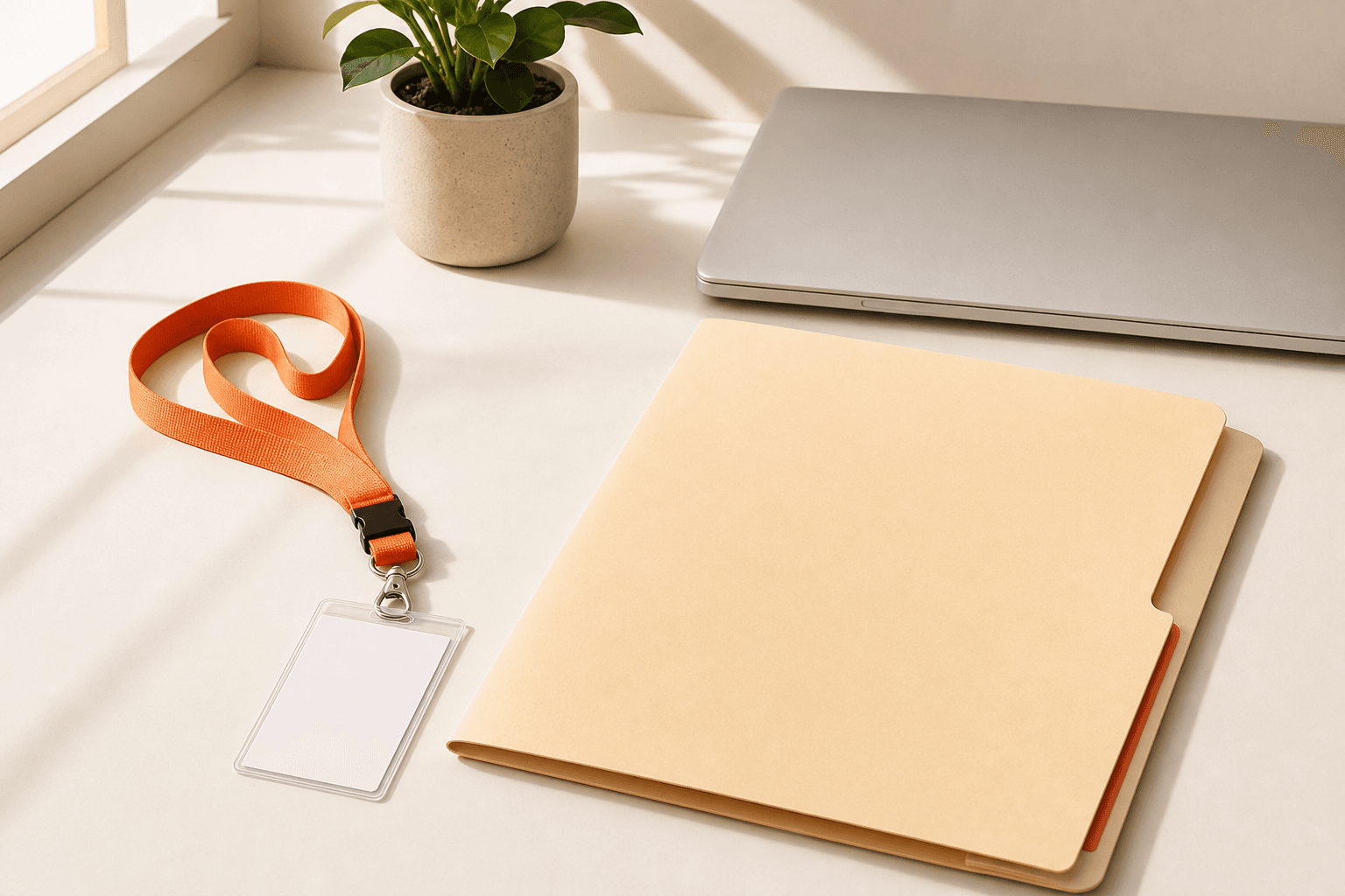A new-hire desk on a warm off-white surface: a blank employee ID badge on a coral lanyard, a manila onboarding folder, a small potted plant, and a closed laptop, arranged as if awaiting someone's first day. Soft natural light.