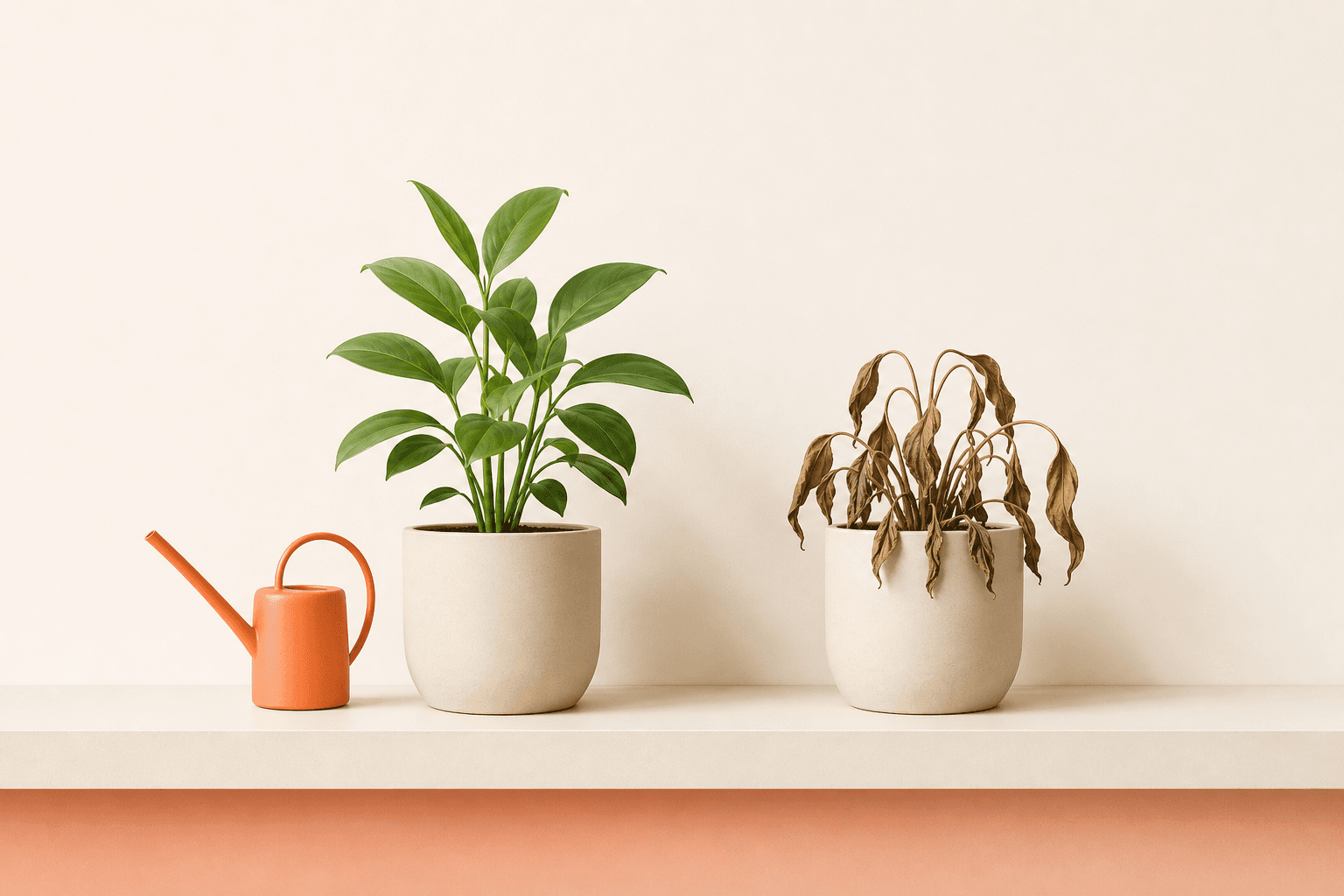 Two identical potted plants on a shelf, one thriving beside a small coral watering can, one wilting