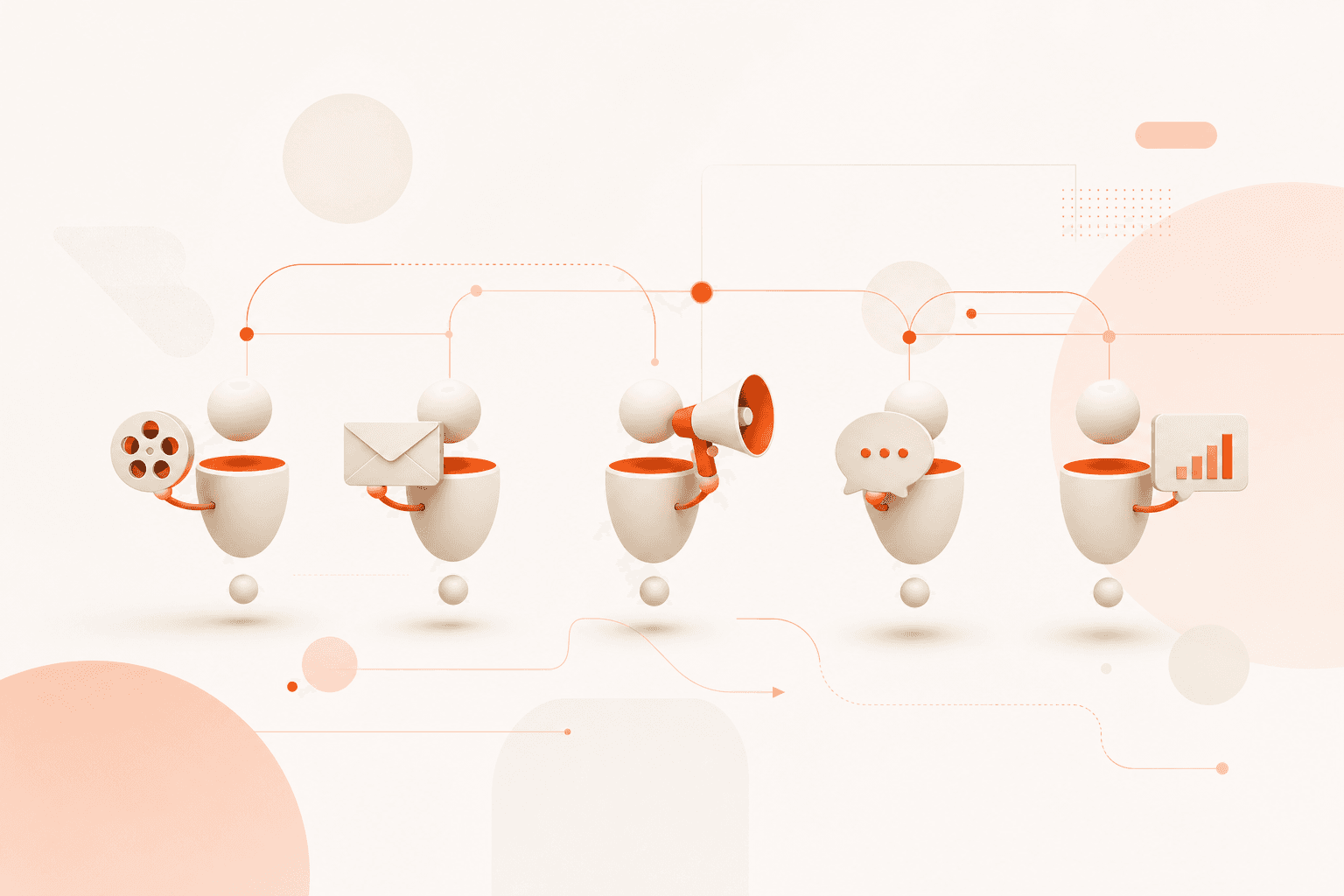 Five AI agents in a row, each handling a different task, linked by a coral workflow line