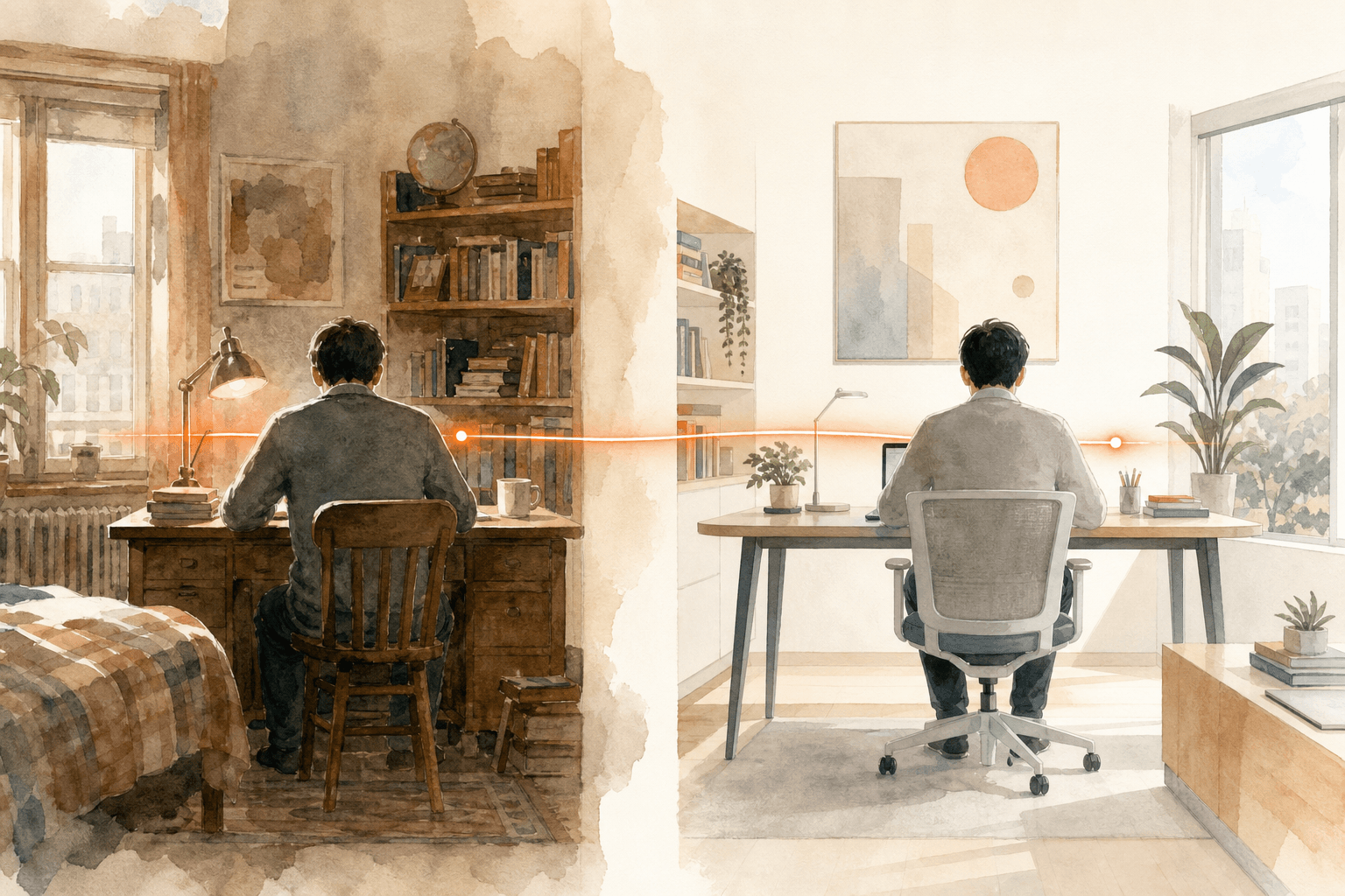The same person at a 2010-era desk and a modern desk today, joined by a thin coral light