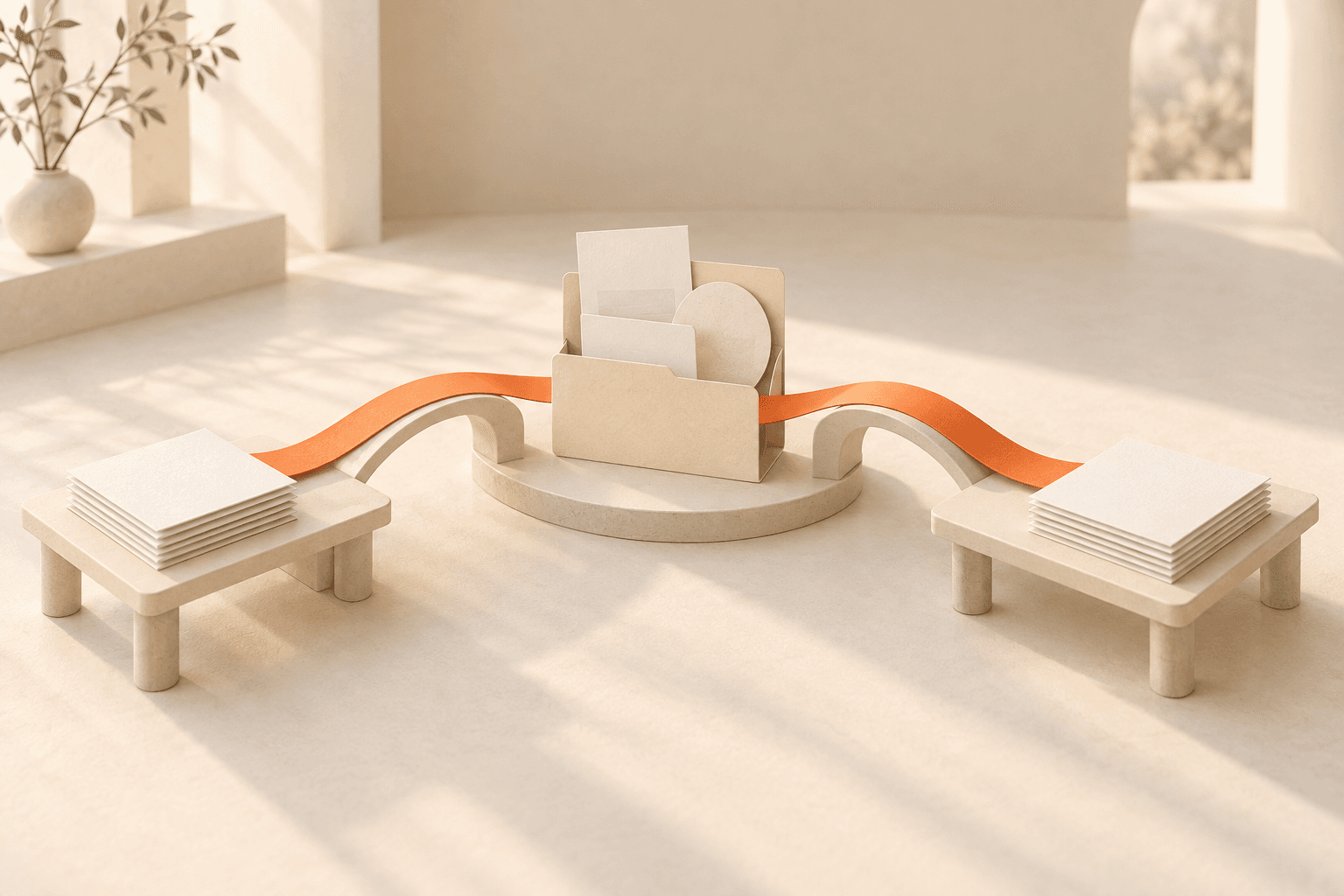 A coral ribbon connects cream work surfaces through a shared open folder of blank documents.