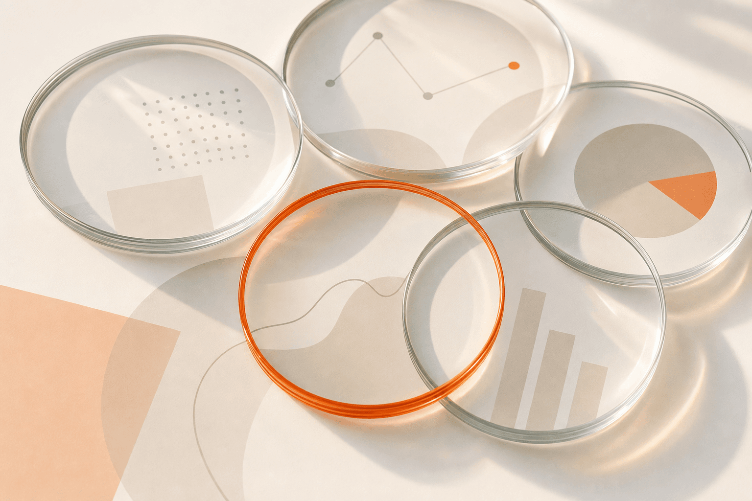 Several overlapping round glass lenses resting on a warm off-white surface, each magnifying a different faint abstract chart beneath it, the shapes not aligning into one clear picture. One lens is rimmed in coral. Soft editorial light.