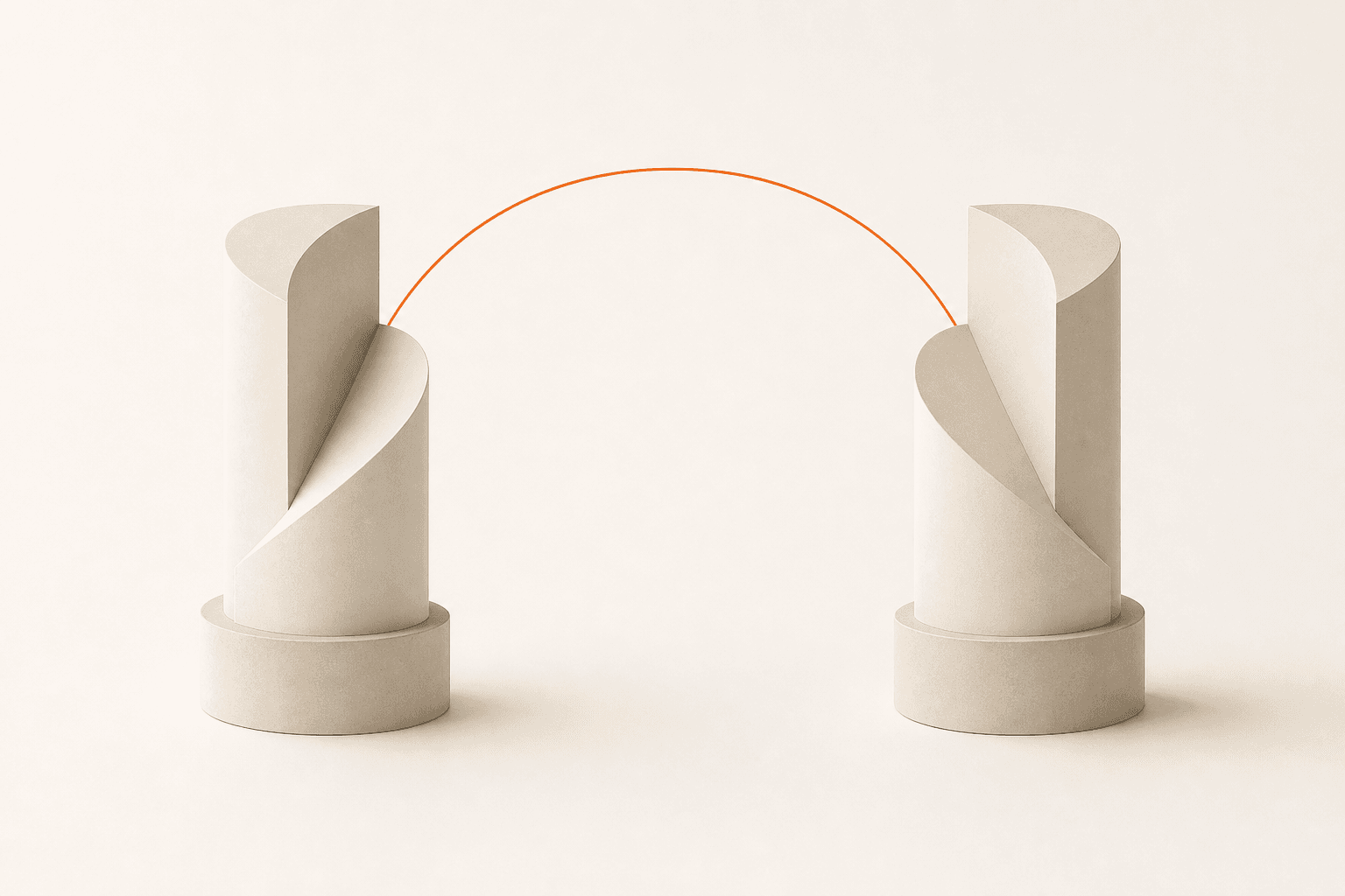 Two nearly identical abstract column shapes on a light surface joined by a thin coral arc, suggesting two different readings of the same thing