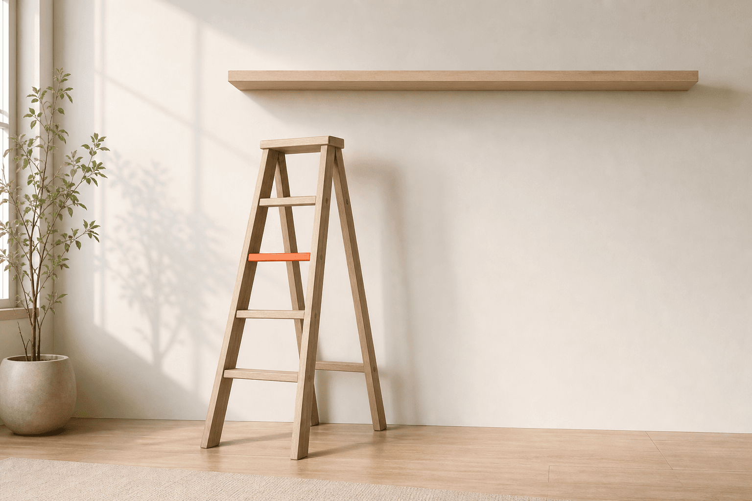 A wooden stepladder reaching toward a high shelf on a warm off-white wall, its base wide and firmly planted, one rung accented in coral. Soft natural light.
