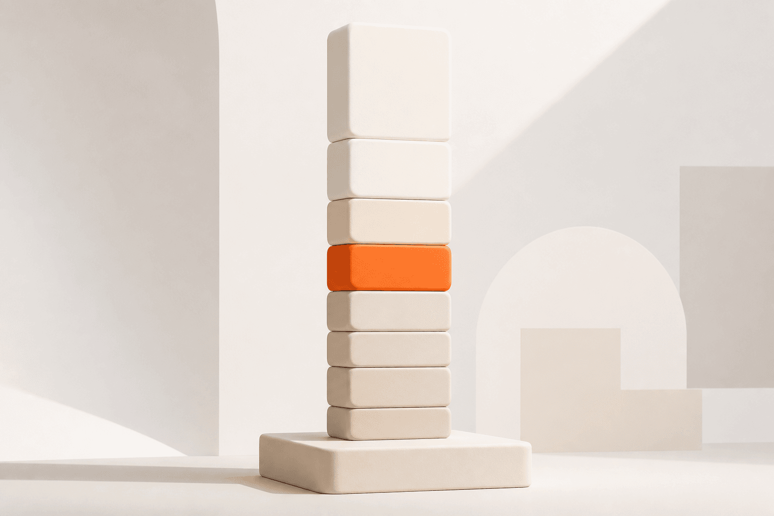 A tall stack of smooth cream blocks rising from a wide, solid base, one block accented in coral