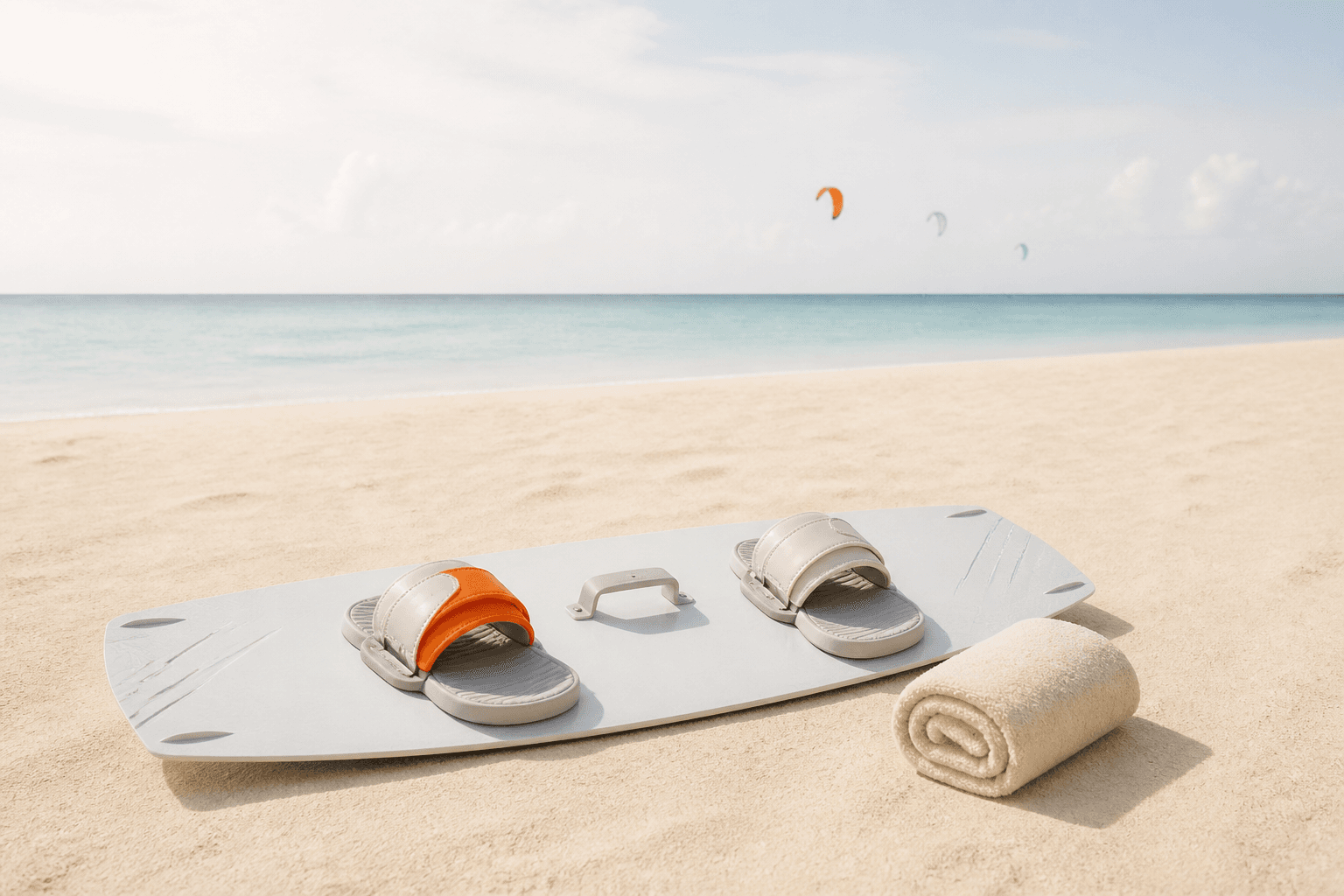 A single kiteboard lying unused on warm pale sand, with small kites out over calm water in the far distance.