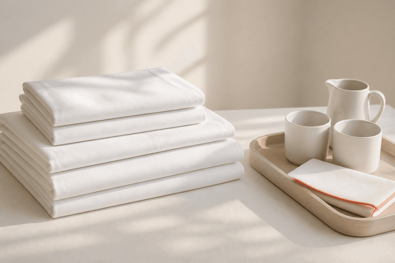 A neat stack of freshly folded white bed linens on a warm off-white surface, beside a simple breakfast tray holding two clean empty cups and a small jug, in soft morning light.