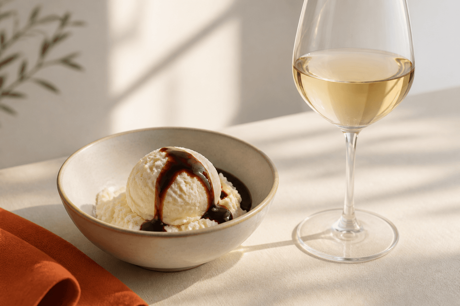 A small bowl of vanilla ice cream with a ribbon of dark balsamic over the top, beside a single glass of pale white wine on a warm off-white table. Soft natural light, one coral accent.