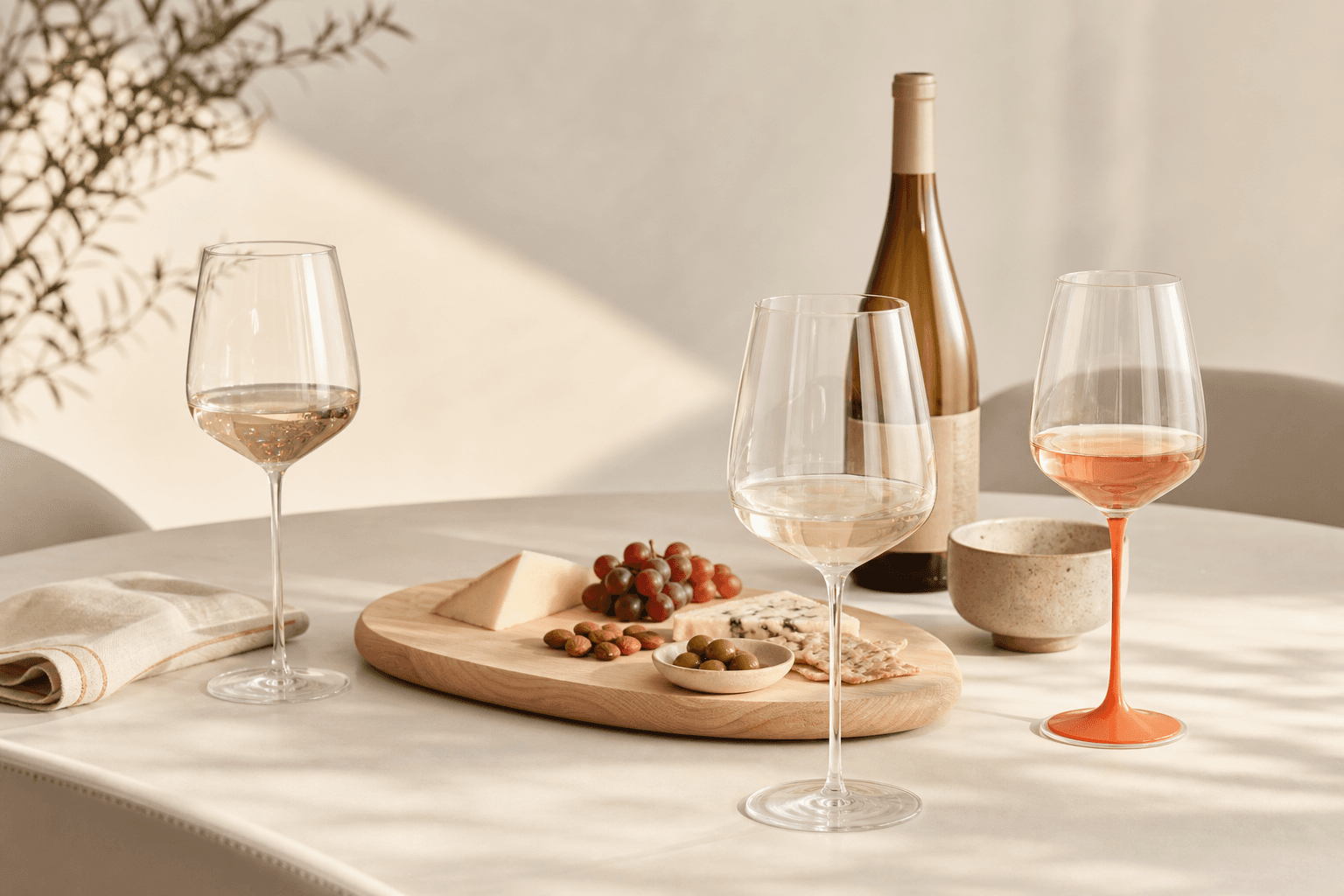 A warm off-white table set for a few, two or three wine glasses gathered close around a shared board, empty chairs implied at the edges, one coral accent