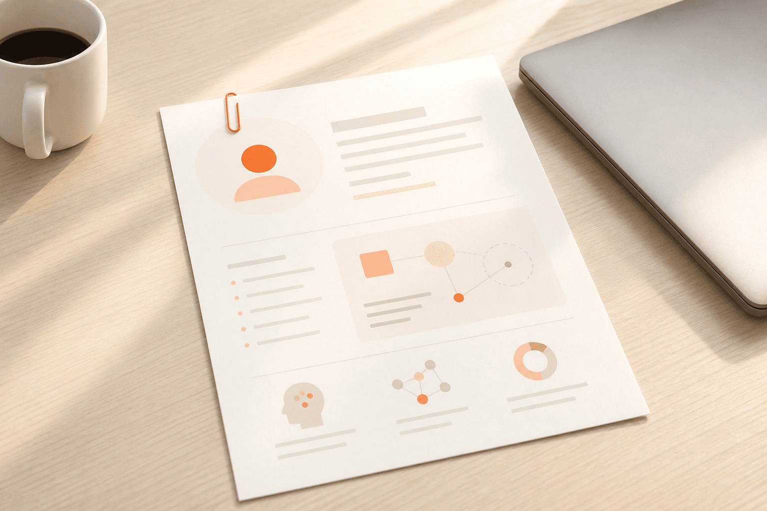 A document styled like an employee onboarding file, held by a coral paperclip on a light wooden desk beside a coffee cup and a closed laptop in soft morning light. Magazine-editorial illustration.