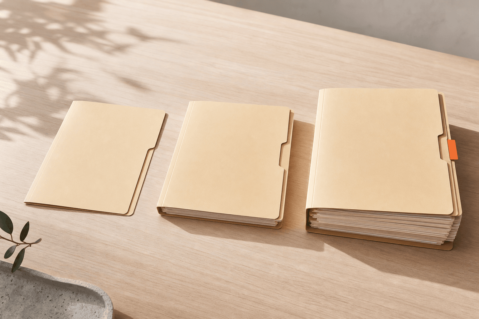 Three folders fanned left to right, growing thicker, with a coral tab on the last, suggesting a progression from intern to full-time